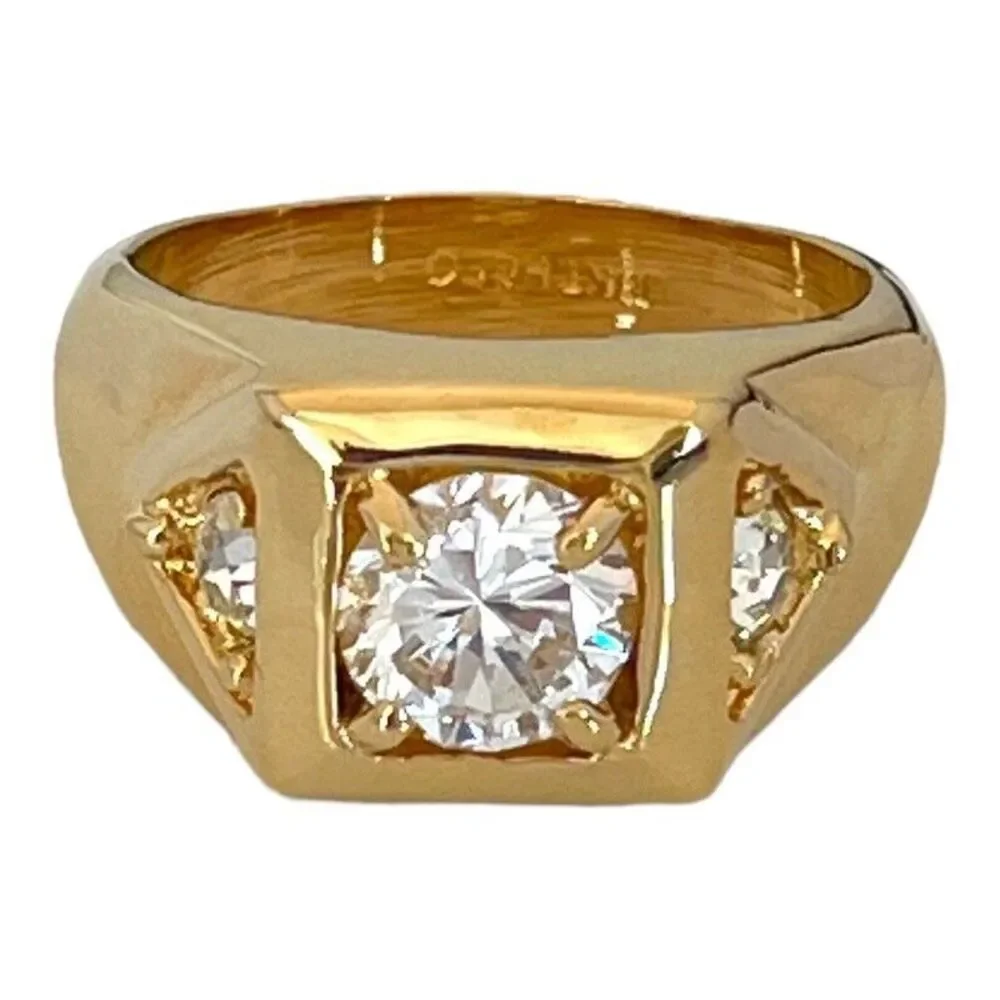 Vintage 1970s Ring Size 13 CZ Square Prong Set Gold Plated Band - 14O
